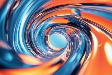 Blue and orange fluid background with a shiny glass spiral, 3D rendering, close-up, in the style of Cinema 4D, in the style of Blender, in the style of Redshift