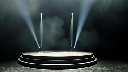 Spotlight on a circular stage under dramatic lighting in a fog-filled environment during an evening performance