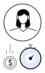 Businesswoman avatar in a circular frame, coin with dollar sign indicating financial aspects, stopwatch symbolizing time management. Ideal for finance, business, time, efficiency, money