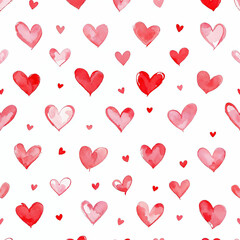 Watercolor seamless pattern with red hearts on white background