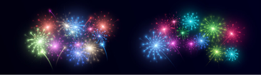 Fireworks. Colorful explosion of multicolored bright fireworks lights isolated on black background. Vector