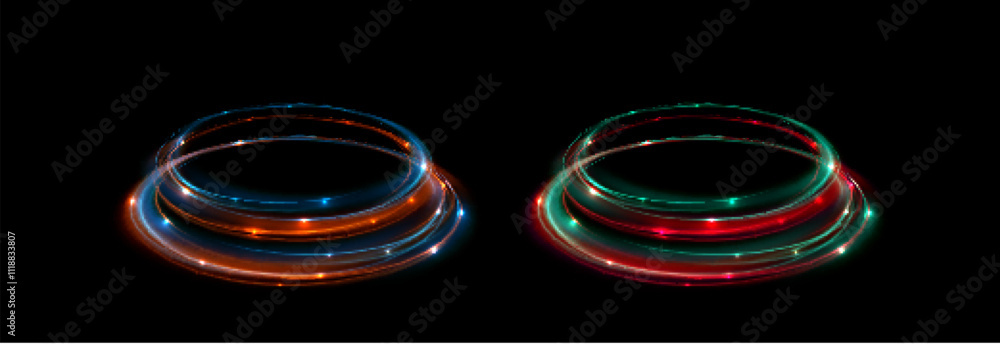 Poster magical glow of bright comet with glare and shine. light twirl for game interface design. vector