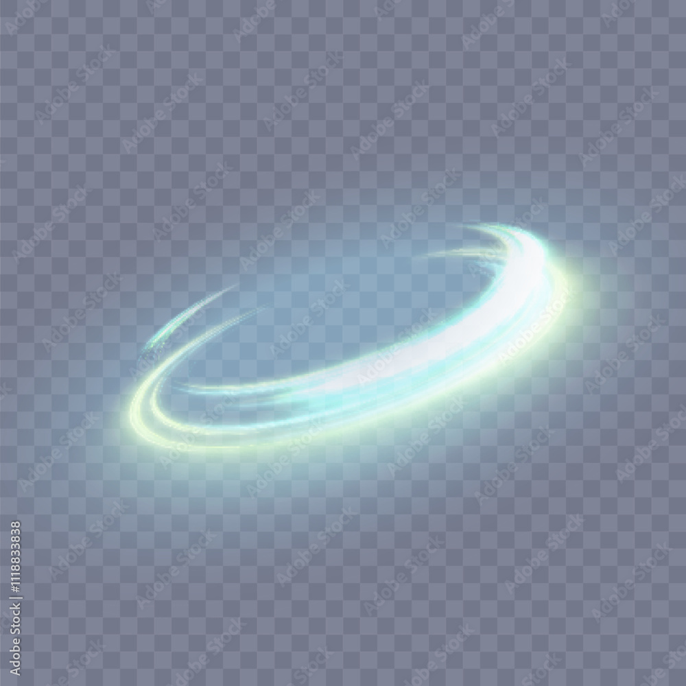 Poster abstract neon turquoise ring. bright trail of rotation of glowing rays twisting in spiral motion. li