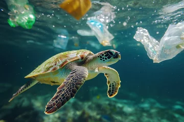 Fotobehang A sea turtle swimming underwater with plastic bags floating nearby. The image highlights the issue of ocean pollution and its impact on marine life.  © shuja