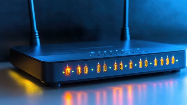 Mesh routers 5g router Full fibre broadband WebSocket Networking as a service Juice jacking packetstream tailscale Remote it Firewalla Black wireless with glowing orange LED indicator lights, modern 