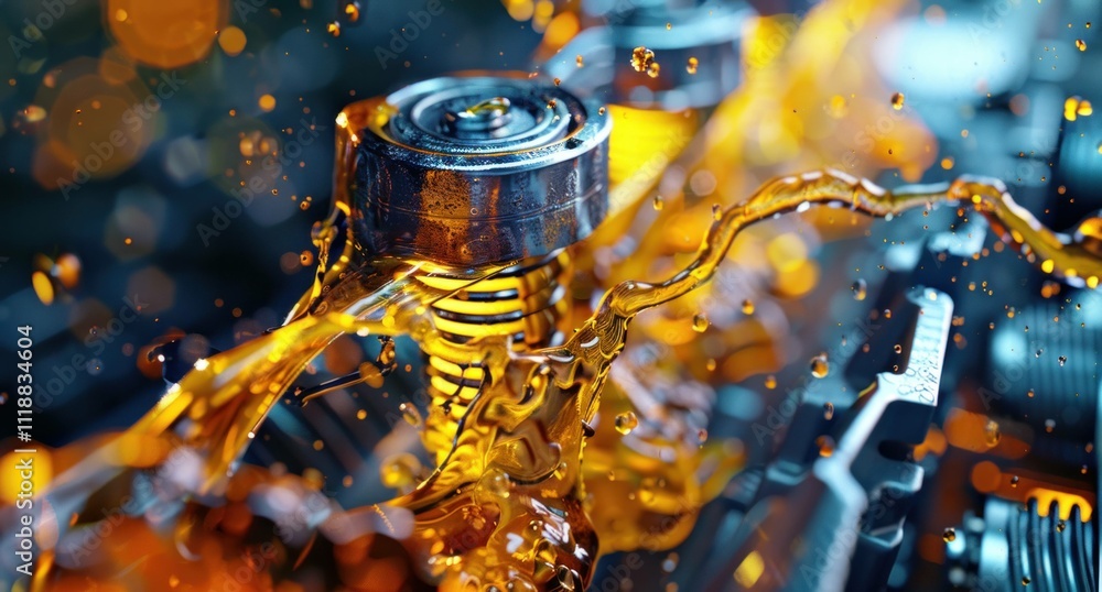 Aufkleber close-up of engine oil splashing over a metallic engine part, showcasing fluid dynamics and automoti