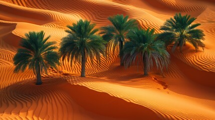 Obraz premium Oasis of palm trees in rolling sand dunes.