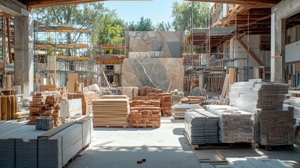 Construction Site with Stacks of Building Materials in Sunlit Environment