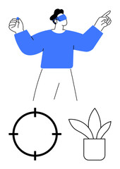 Man wearing blue VR headset, pointing with one hand, holding a small object in the other. Next to him, a circular target symbol and a potted plant icon. Ideal for virtual reality, technology