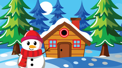 Christmas 3d illustration of snow man snowflakes, reindeer, pine tree, sledge, gift boxes snow falling decoration celebration new year winter background 