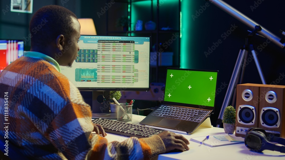 Aufkleber trading engineer looking at e commerce diagrams and copy space on display, working from home to incr