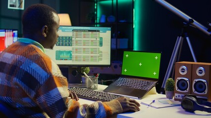Trading engineer looking at e commerce diagrams and copy space on display, working from home to...