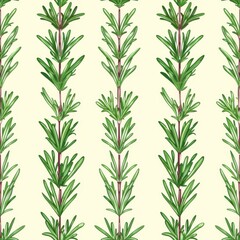 Naklejka premium Seamless Pattern, Watercolor Rosemary Sprigs on a Warm Beige Background, Culinary Herbs Illustration