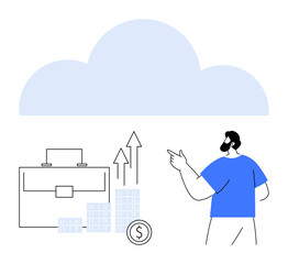 Businessman pointing at cloud with briefcase, growth graph, dollar coins. Ideal for finance, cloud computing, business growth, investments, financial planning technology integration. Line metaphor