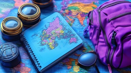 Vintage binoculars and sunglasses next to purple backpack and blue notebook on colorful world map for travel planning, adventure, exploration, vacation ideas, and outdoor trip inspiration background