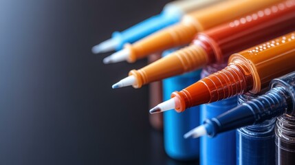 Close-up of colorful ballpoint pens tips aligned in row on dark surface, stationery concept for office supplies, education, business, school projects with vibrant orange blue red tones, selective foc