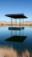 Solar-powered structure floats, reflecting on calm water.