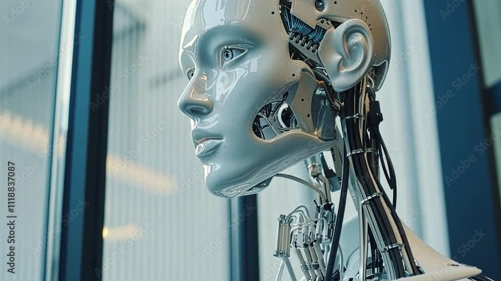 Leinwandbilder a lifelike ai robot head is showcased in a sleek, contemporary environment, emphasizing its advanced
