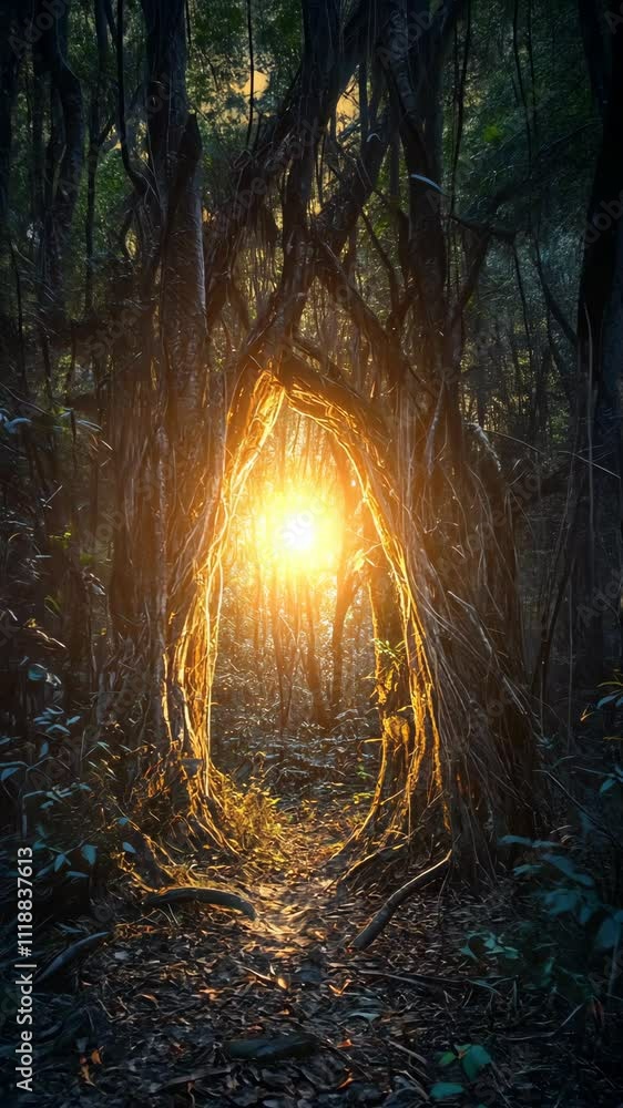 Poster golden sunlight filters through an archway of intertwined trees in a serene forest setting during su