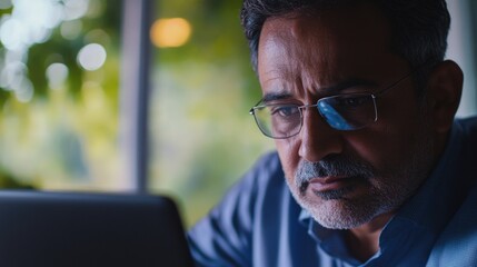 Man wearing glasses is looking at a laptop. He is focused on the screen. Concept of concentration and productivity