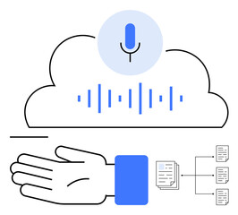 Cloud with microphone and sound waves above hand, document and flow chart. Ideal for technology, communication, cloud computing, data access, user interface, voice recognition automation. Line