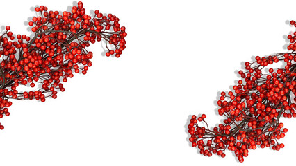 Artificial branch, red berry, lying on a white background with a shadow. Frame for text on a banner. Horizontal frame - panoramic. Artificial flowers on a white background.