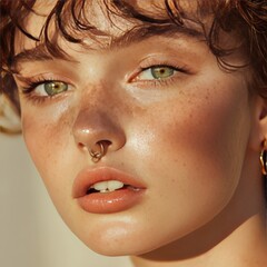 Fototapeta premium woman, beauty, piercing, ear, nose, jewelry, face, eyes, makeup, fashion, model, make-up, eye, close-up, skin, lips, closeup, cosmetics, eyelashes, glamour, people, sensuality, up, make, style, hair, 