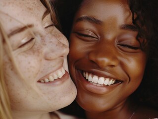 Happy young women laughing together, promoting diversity and friendship.