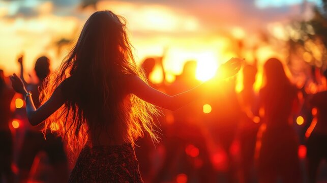 Young woman dancing joyfully at sunset music festival crowd vibrant outdoor party celebration warm glow summer vibe Young woman, dancing, sunset, music festival, crowd, outdoor party, celebration, wa