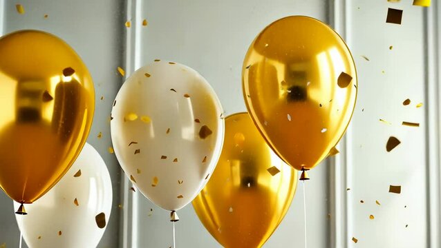 Golden and white balloons adorned with confetti suggest a celebration, evoking a festive and joyous atmosphere indoors. This scene typically connotes joyous events like birthdays or anniversaries.