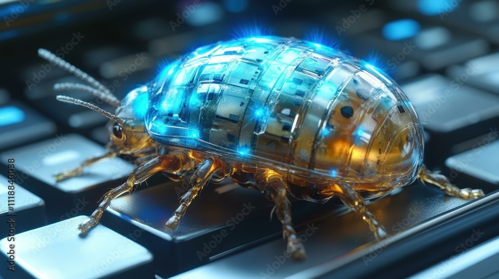 Poster close-up of futuristic blue robotic bug crawling on black computer keyboard, technology innovation c