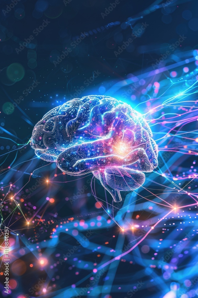 Aufkleber colorful digital illustration with brain amidst electrical circuitry symbolizing cognitive science, 
