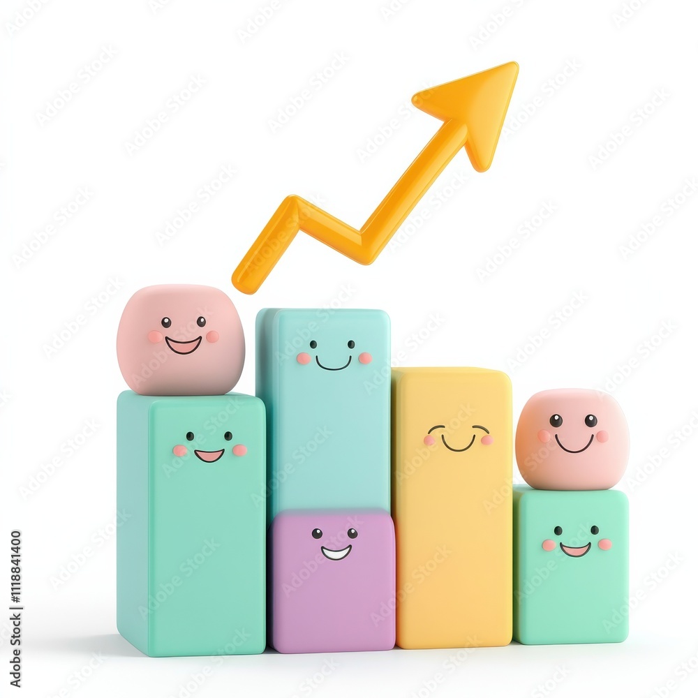 Poster 3d cartoon bar graph with smiling faces and happy arrow pointing upward