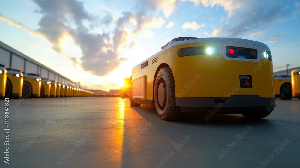 Poster food delivery robots in action a robotic delivery vehicle stopping at a designated drop-off point on