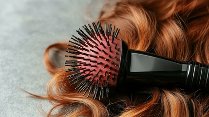 Close-up of black hairbrush with plastic bristles grooming shiny red curly hair, ideal for beauty salons, haircare tutorials, hairstyling tips, personal grooming, wellness, smooth texture, soft light