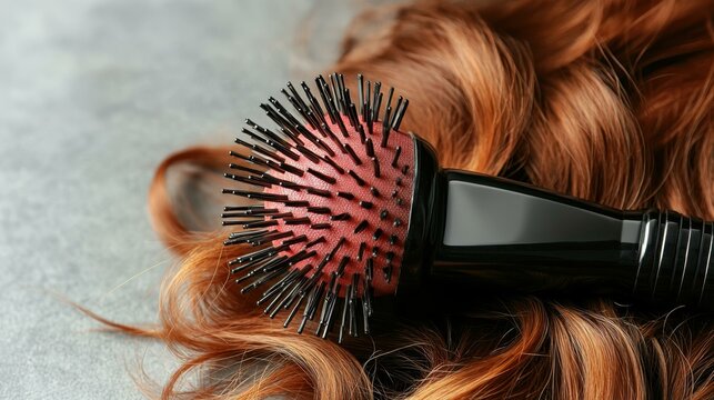 Close-up of black hairbrush with plastic bristles grooming shiny red curly hair, ideal for beauty salons, haircare tutorials, hairstyling tips, personal grooming, wellness, smooth texture, soft light
