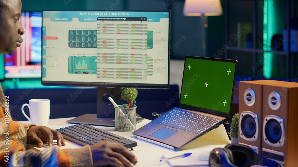 Poster trading engineer looking at e commerce diagrams and copy space on display, working from home to incr