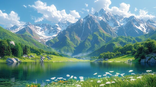 Serene mountain lake with wildflowers, snow-capped peaks, and lush green valleys under a vibrant blue sky. - Powered by Adobe