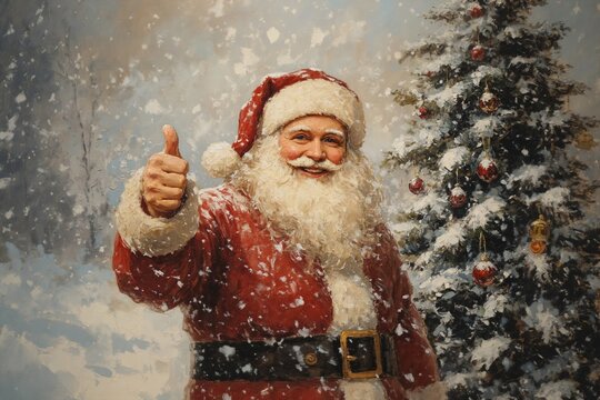 Oil portrait of Santa Claus giving a thumbs up near a Christmas tree. Happy Santa in vintage oil painting style. New Year's day and Merry Christmas card illustration