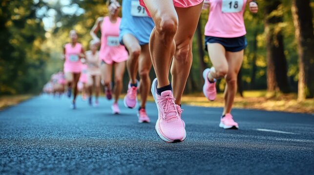 Runners wearing pink shoes and athletic gear competing in a marathon on a sunlit asphalt road through a green forest, perfect for sports events, fitness campaigns, charity runs, or outdoor exercise p