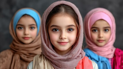 Three smiling Muslim girls wearing colorful hijabs looking at camera close-up portrait, perfect for education, family, cultural diversity, friendship, outdoor natural light, warm tones, soft focus