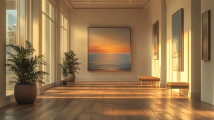 Fototapeta premium modern minimalist hallway with wooden floors, contemporary art pieces on the walls