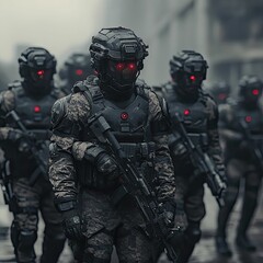 Naklejka premium Armored soldiers advance, weaponry held, urban setting.
