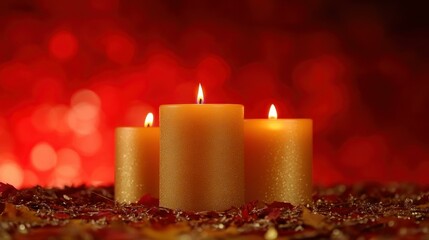 Three glowing beige candles burning, creating cozy ambiance for romantic dinner or Christmas decoration, with warm red bokeh background and scattered petals on surface