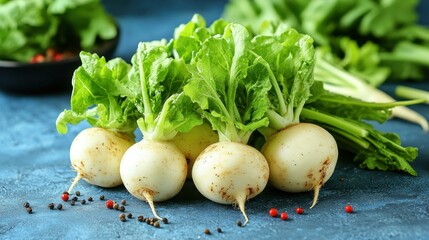 Fresh white radishes with green leafy tops lying on a blue surface surrounded by peppercorns, perfect for healthy food recipes, natural ingredients, farm-to-table concepts, rustic background, vibrant