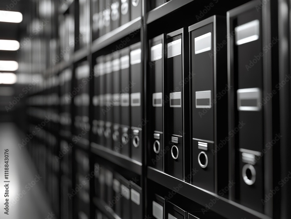 Poster close up of a server rack with many black hard drive units. used for data storage and backup, these 