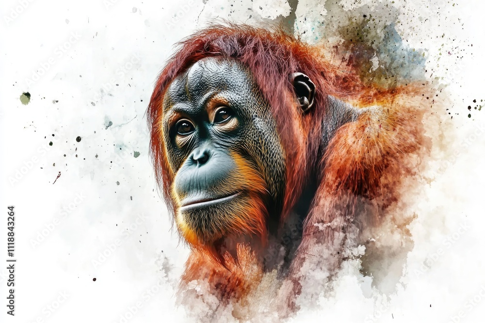 Poster close up of a monkey with a red face and orange fur. the monkey is looking at the camera with a smil
