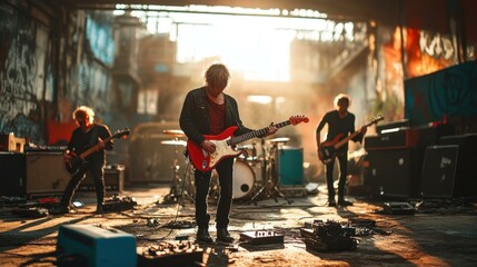 Naklejka premium Rock band musicians playing electric guitars and drums during sunset rehearsal in urban warehouse, perfect for music events, concert promotions, energetic performance, grunge style background warm li