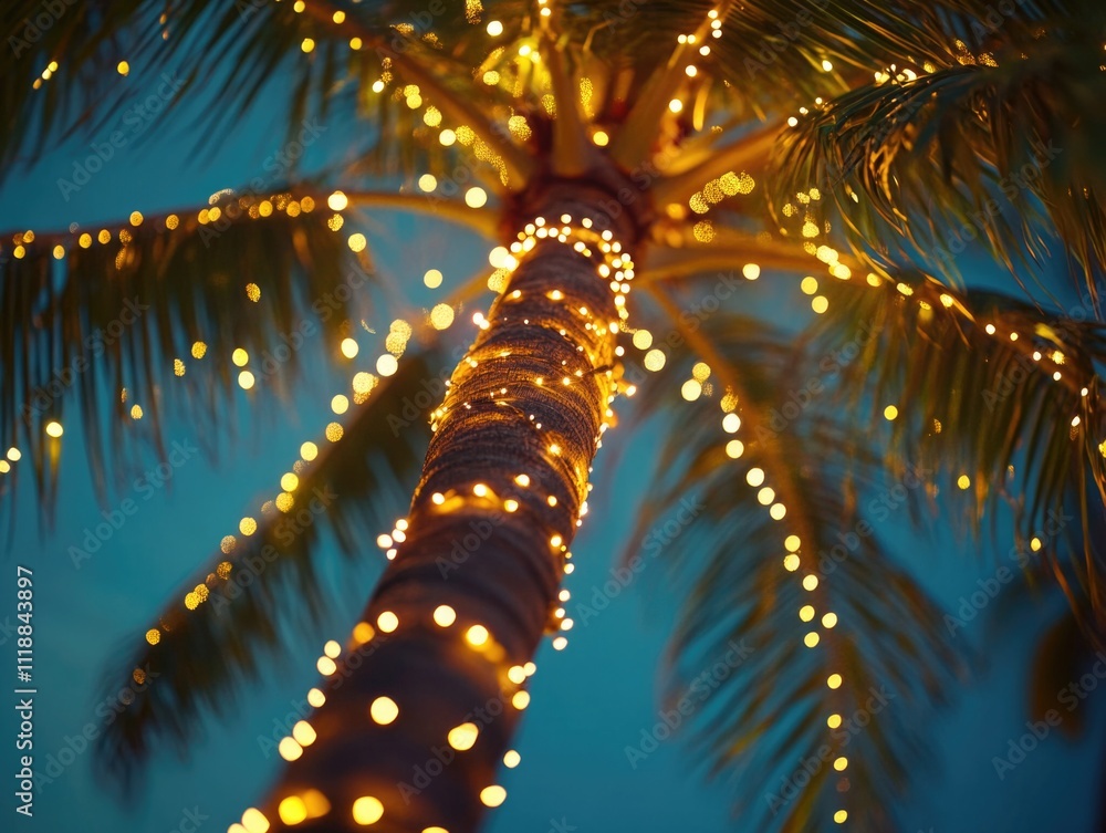 Poster Lit palm tree on a beach with strings of lights wrapped around the trunk and hanging from the branches.