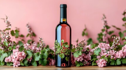 Rose wine bottle with blooming pink flowers on wooden surface, spring celebration, romantic dinner, floral decoration, pastel background, cozy atmosphere, soft lighting, elegant setup for event promo
